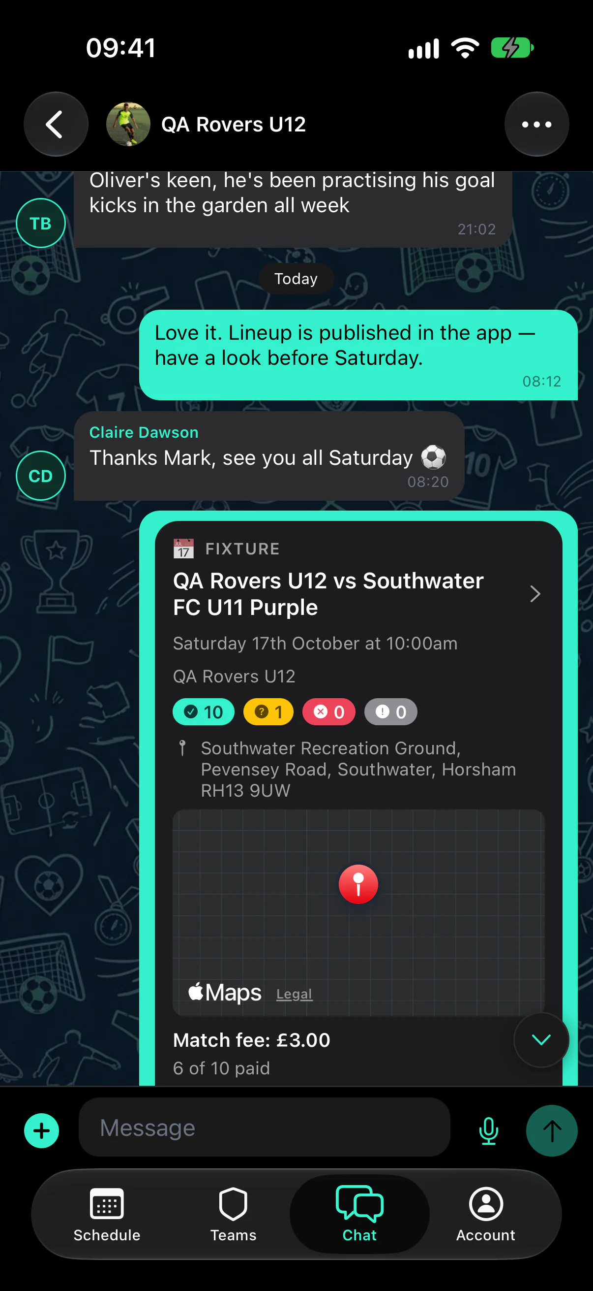 A team chat with a shared fixture card showing kick-off, availability chips, the venue map and the match fee