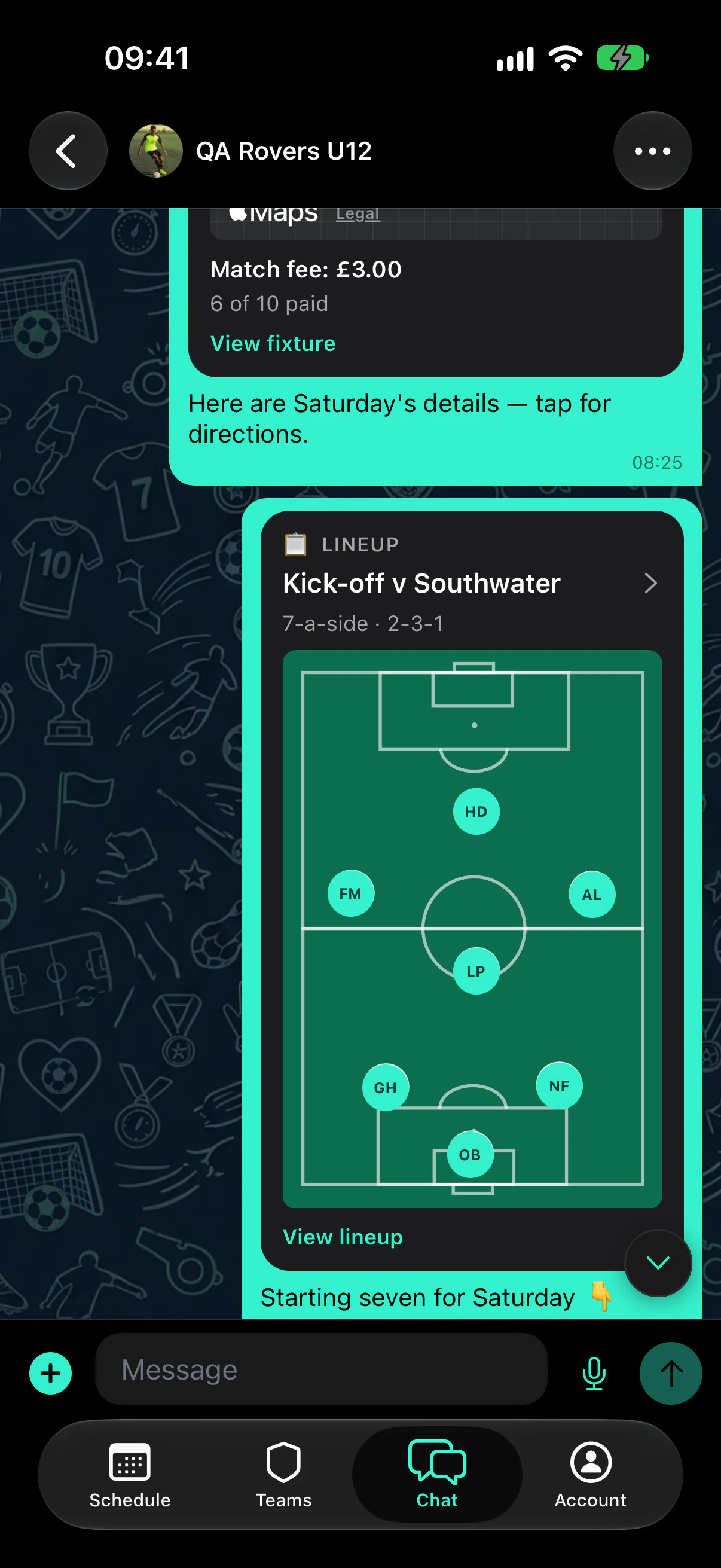 A team chat with a shared lineup card showing a 2-3-1 formation on a pitch with player initials