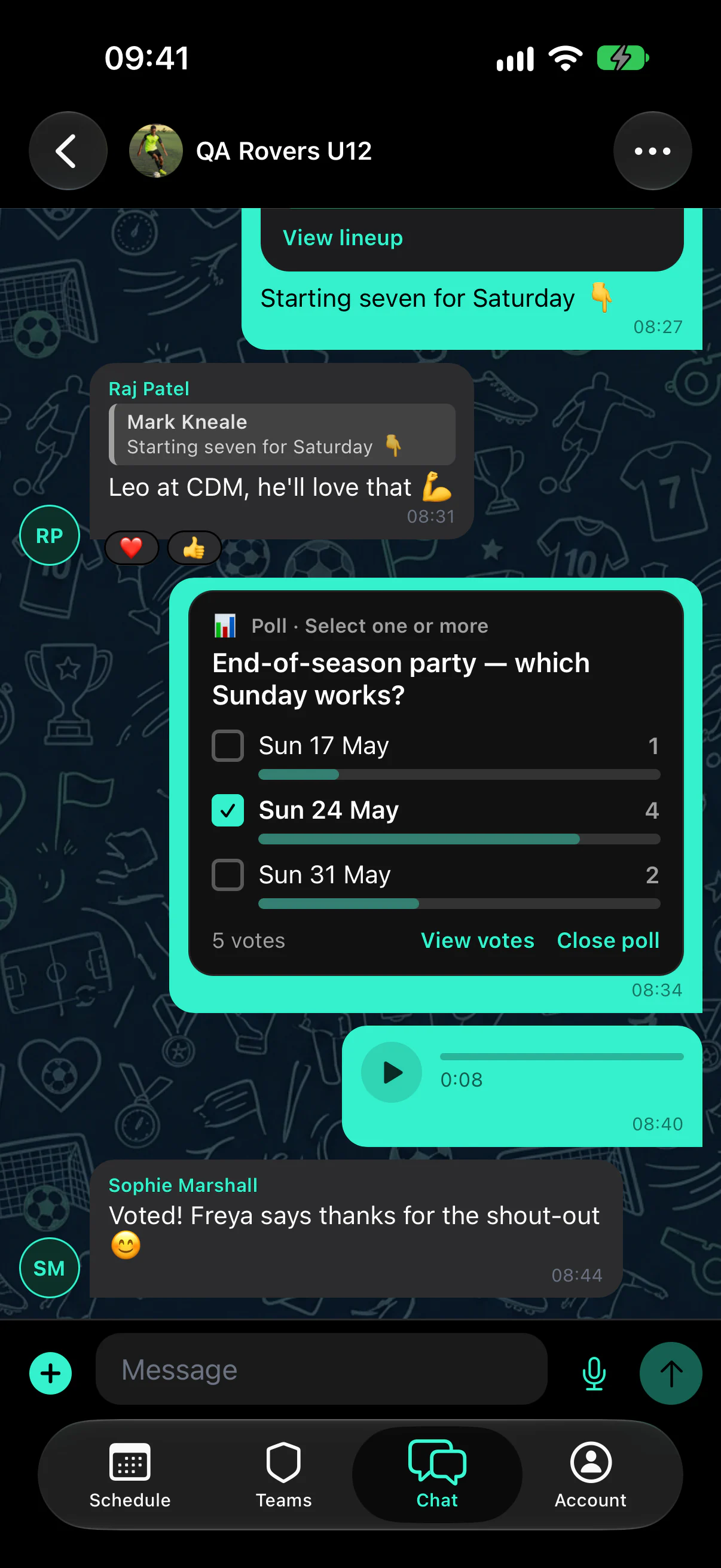 A team chat showing a quoted reply with reactions, a poll with vote counts and a voice note