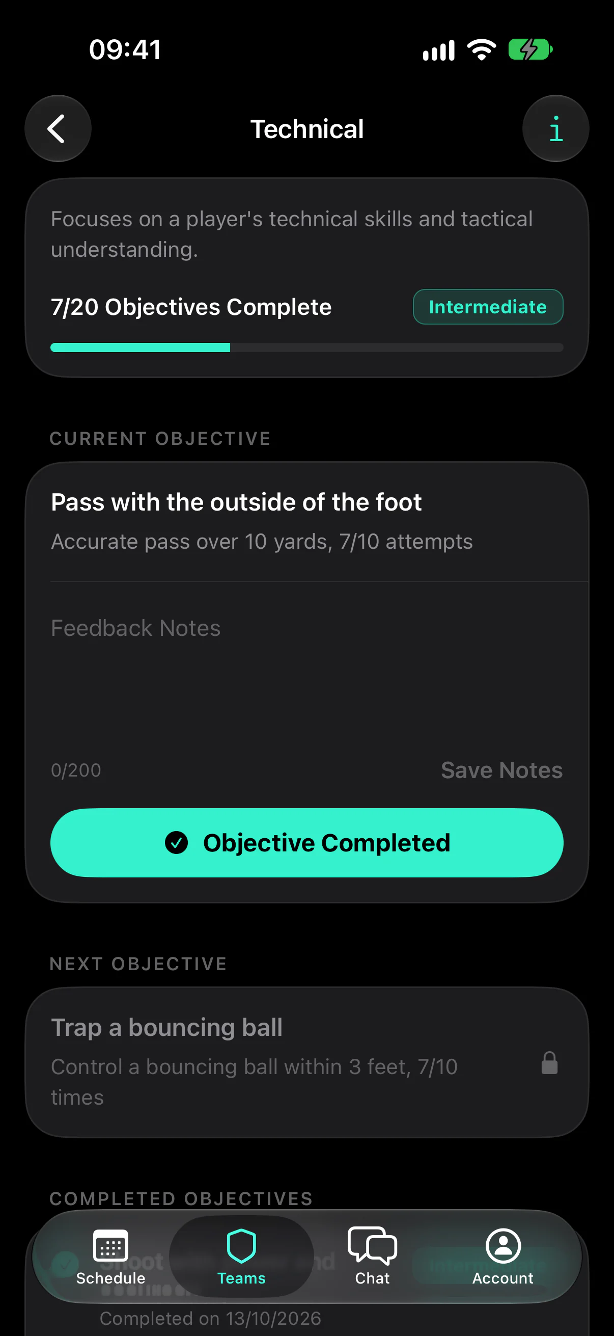 The Technical corner showing 7 of 20 objectives complete, the current objective with feedback notes and the next locked objective