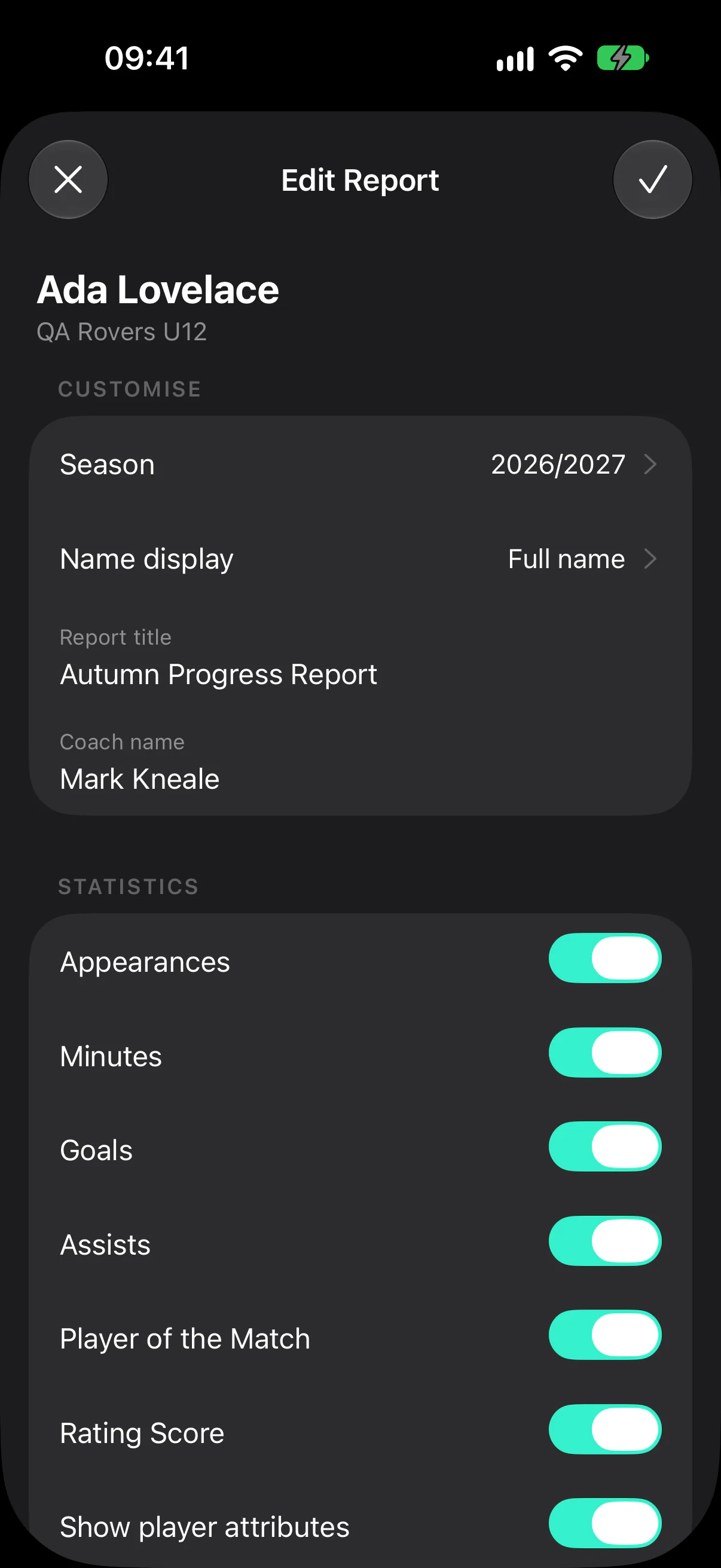 The Edit Report form with season, name display, report title, coach name and statistics switches