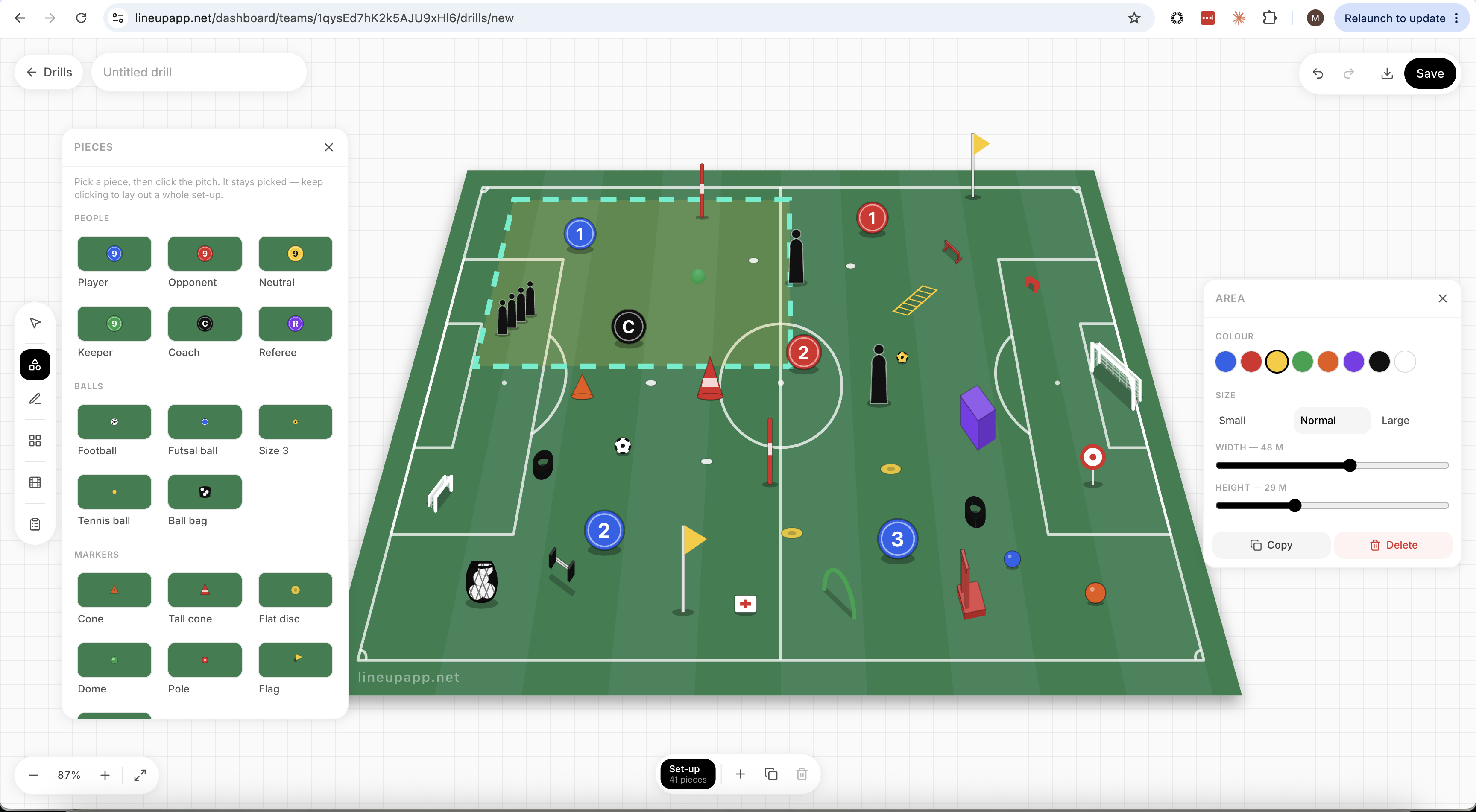The Lineup drill builder, showing a training set-up on an angled 3D pitch with cones, goals, players and the piece picker open