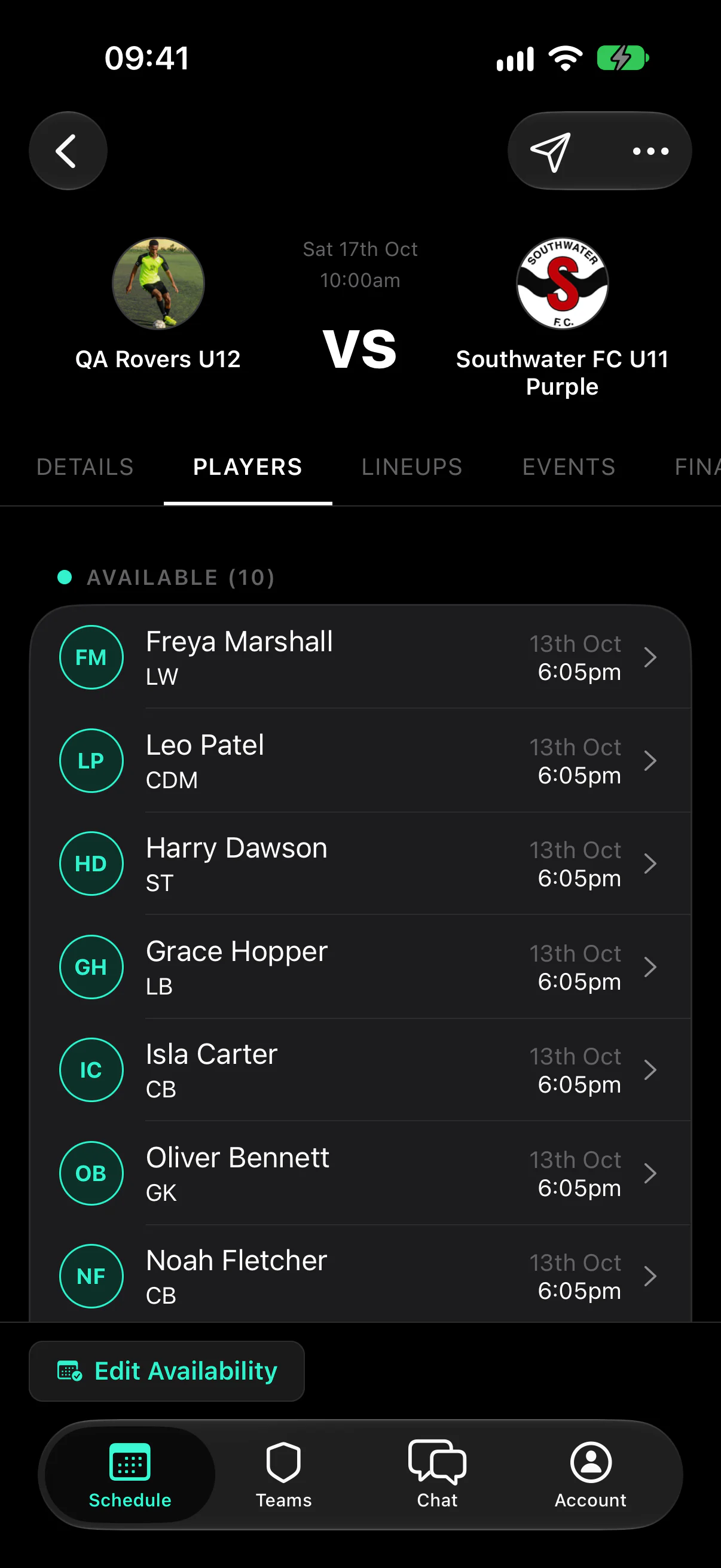 A fixture’s Players tab listing available players with their positions and the time each replied
