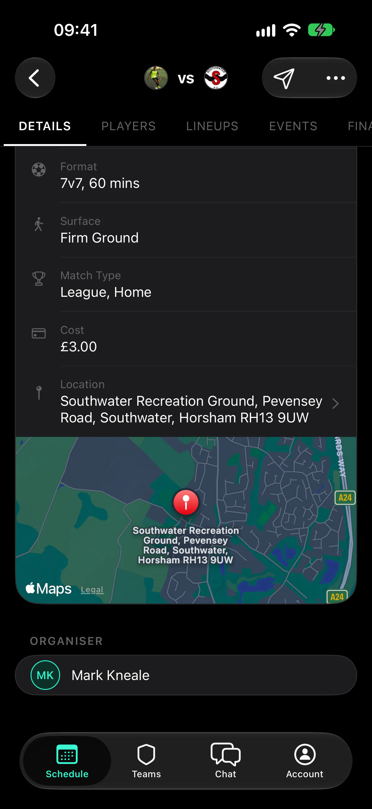 A fixture’s Details tab showing format, surface, match type, cost and the venue on a map