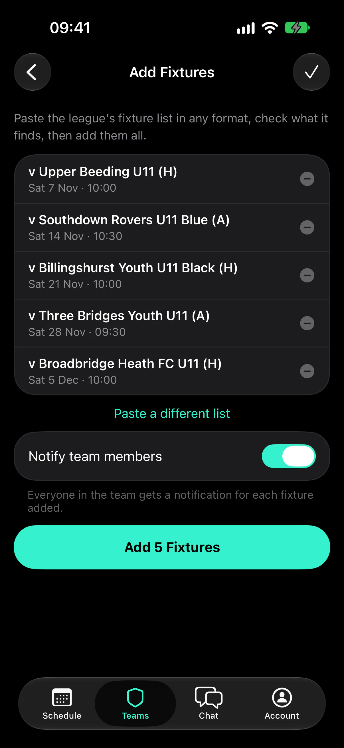 The Add Fixtures screen listing five parsed fixtures with dates and home or away, and an Add 5 Fixtures button