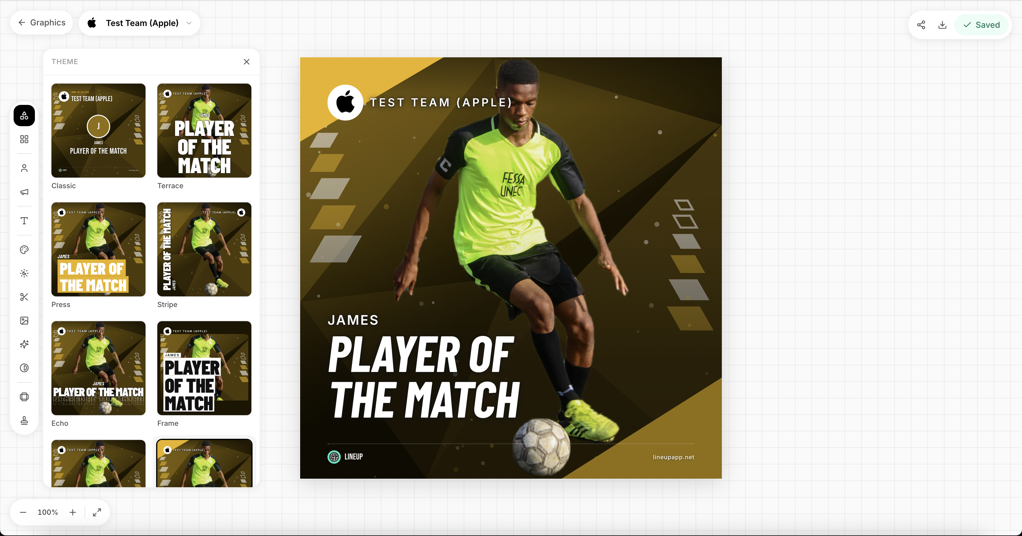 The Lineup web dashboard graphics editor, showing a player-of-the-match poster and a panel of design themes