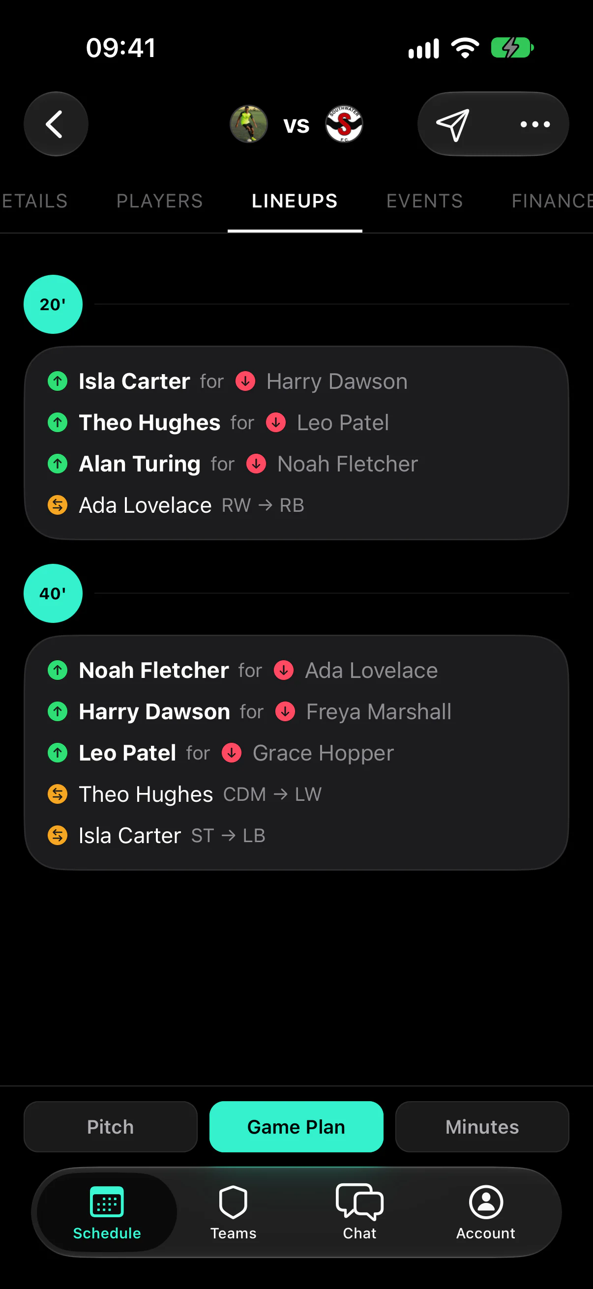 A fixture’s Game Plan view listing substitutions and position switches at 20 and 40 minutes