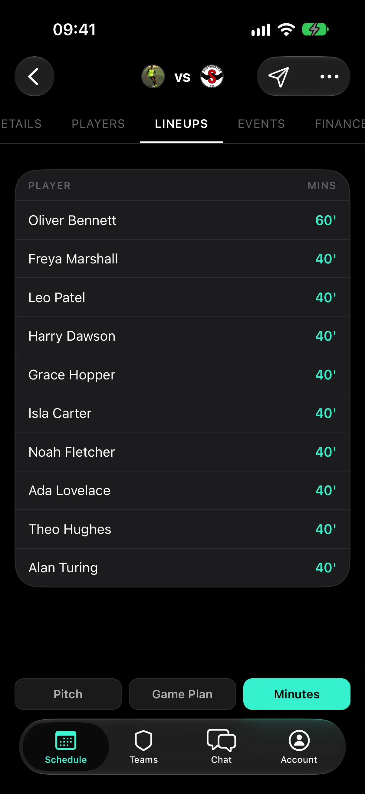 A fixture’s Minutes view listing every player and the minutes they will play
