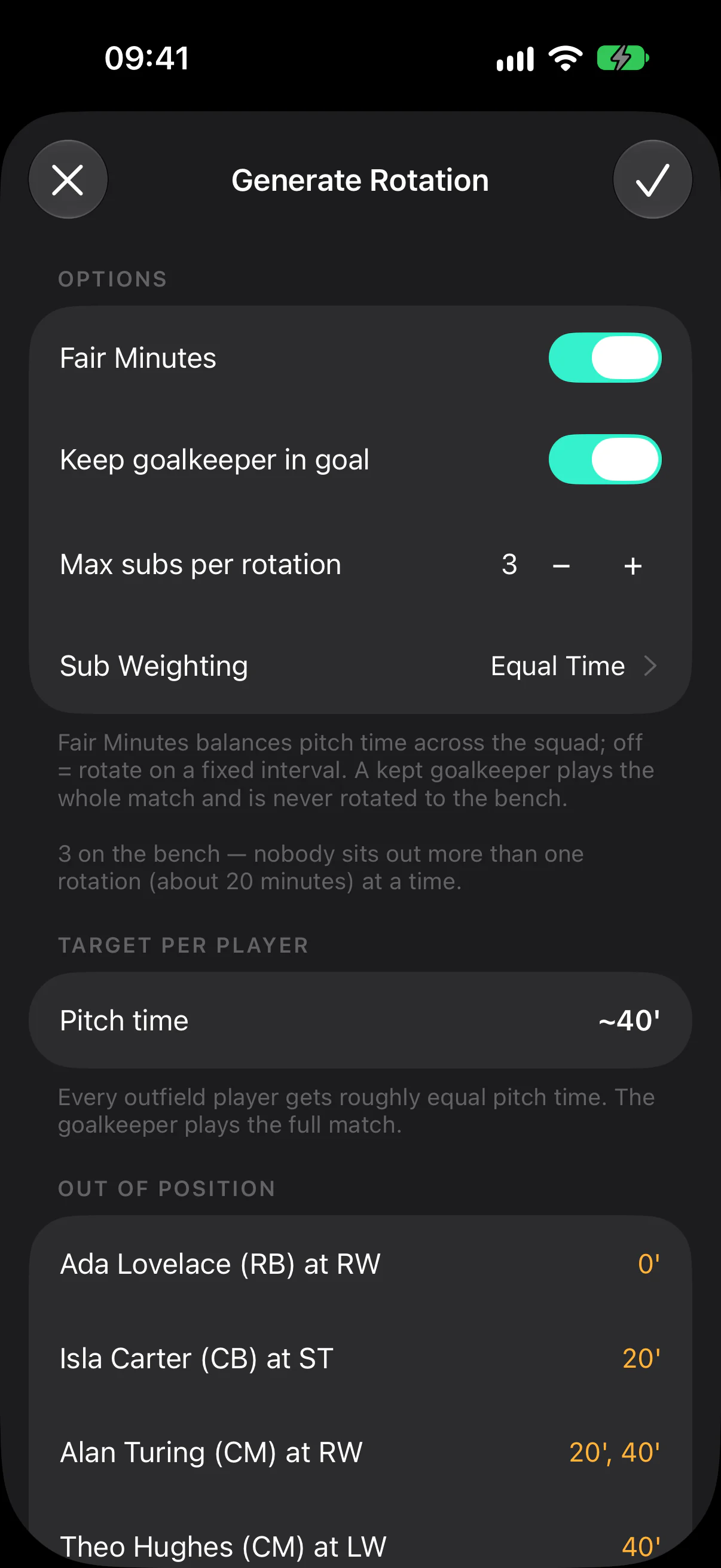 The Generate Rotation screen with Fair Minutes and keep-goalkeeper switches, a max-subs stepper and an out-of-position list