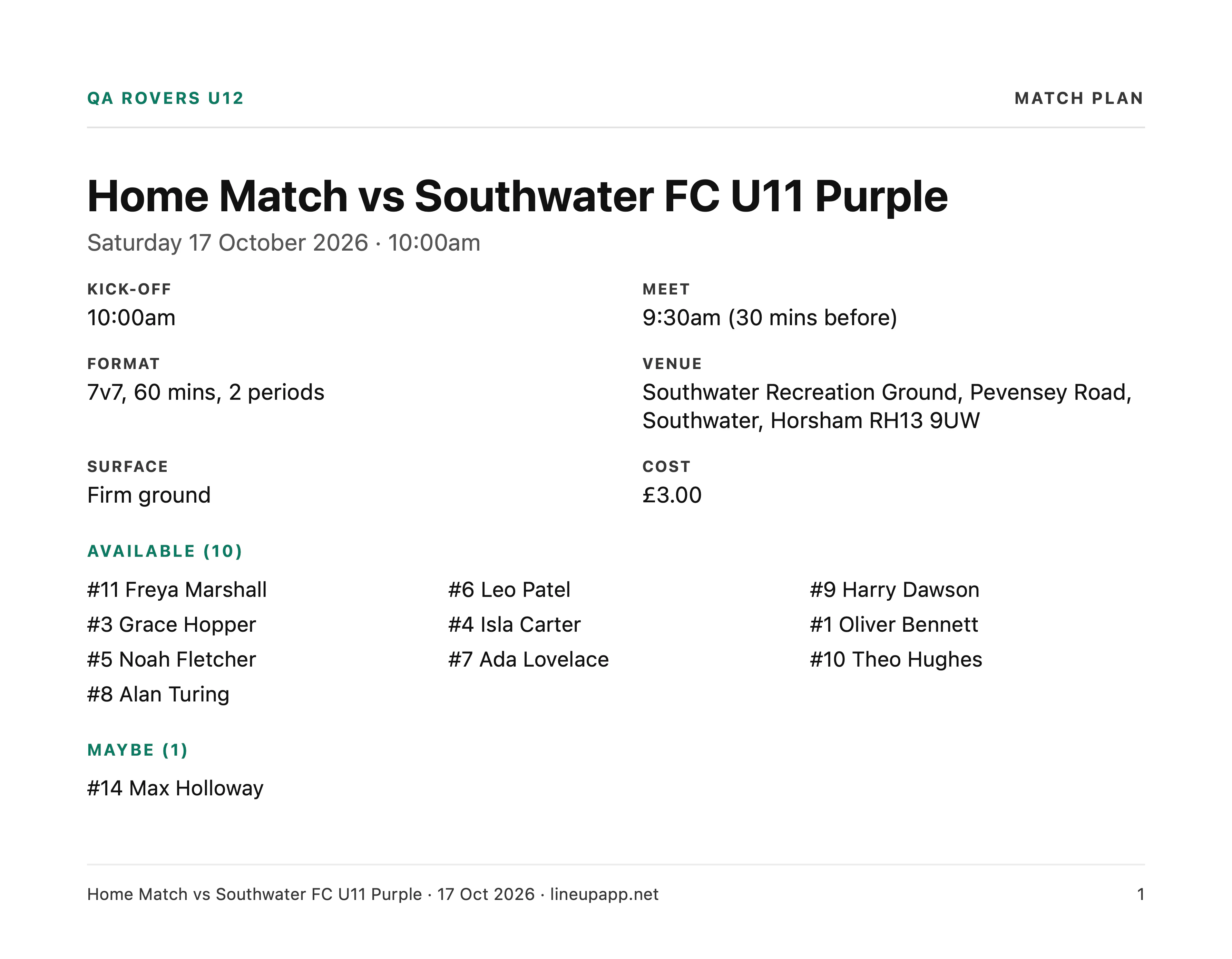 Page one of a match plan PDF listing kick-off, meet time, venue, format, cost and the available players