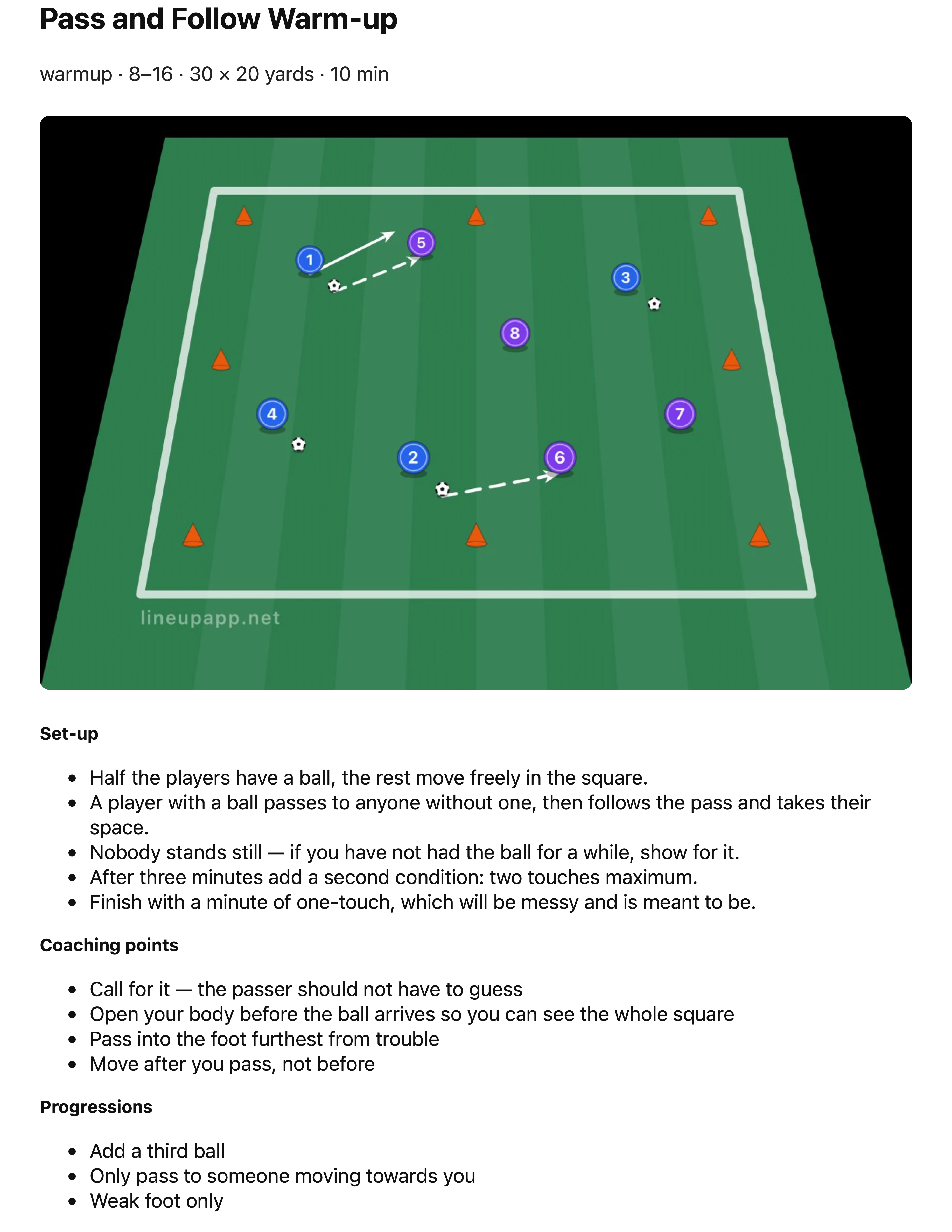 A drill page from a session plan PDF showing a passing warm-up diagram with its set-up, coaching points and progressions