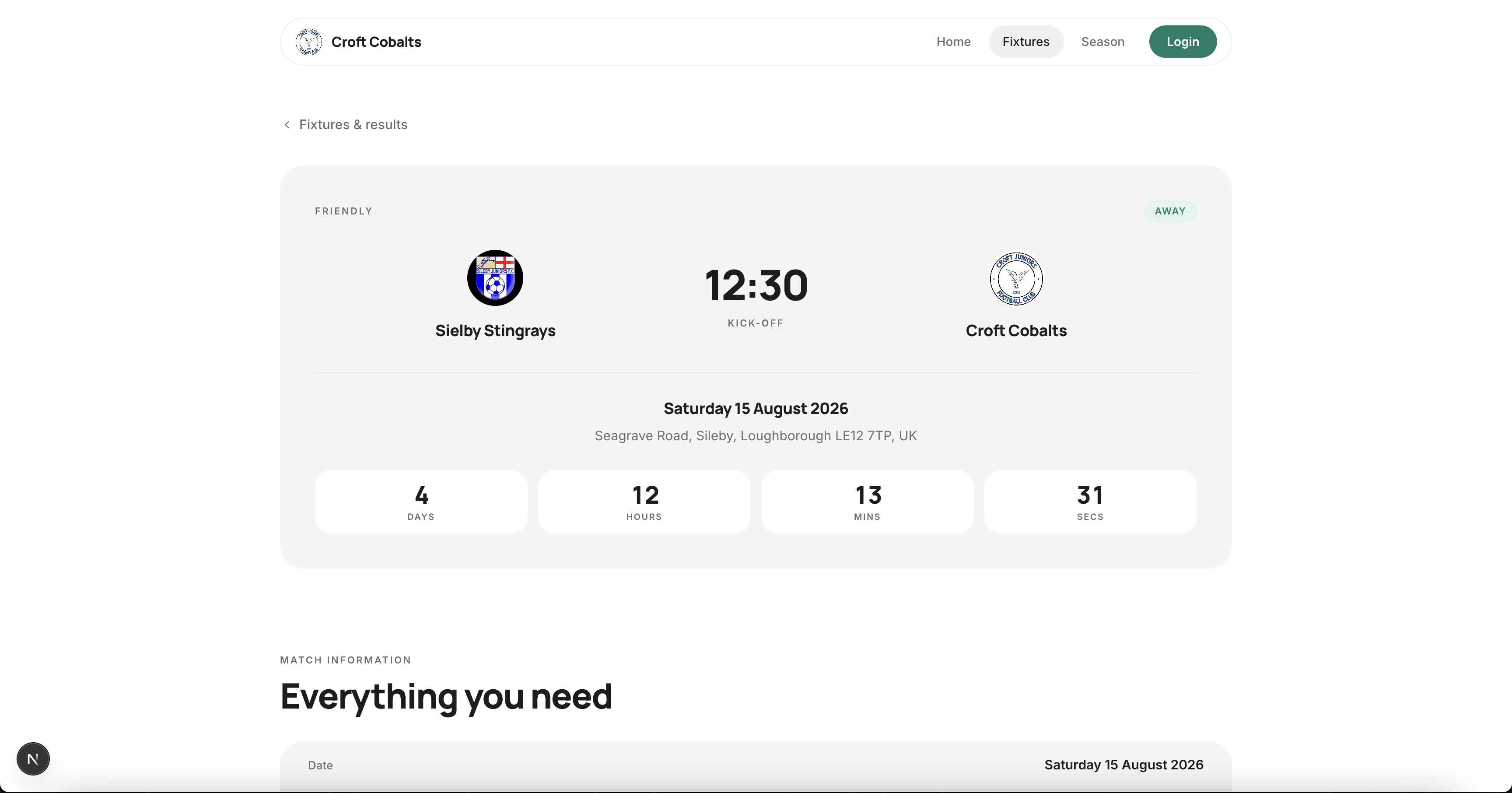 A fixture page showing the two teams, kick-off time, venue and a countdown